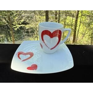 New Vintage Ikea Ceramic Red Heart Cup and Plate Set by Johanna Jelnik -A52